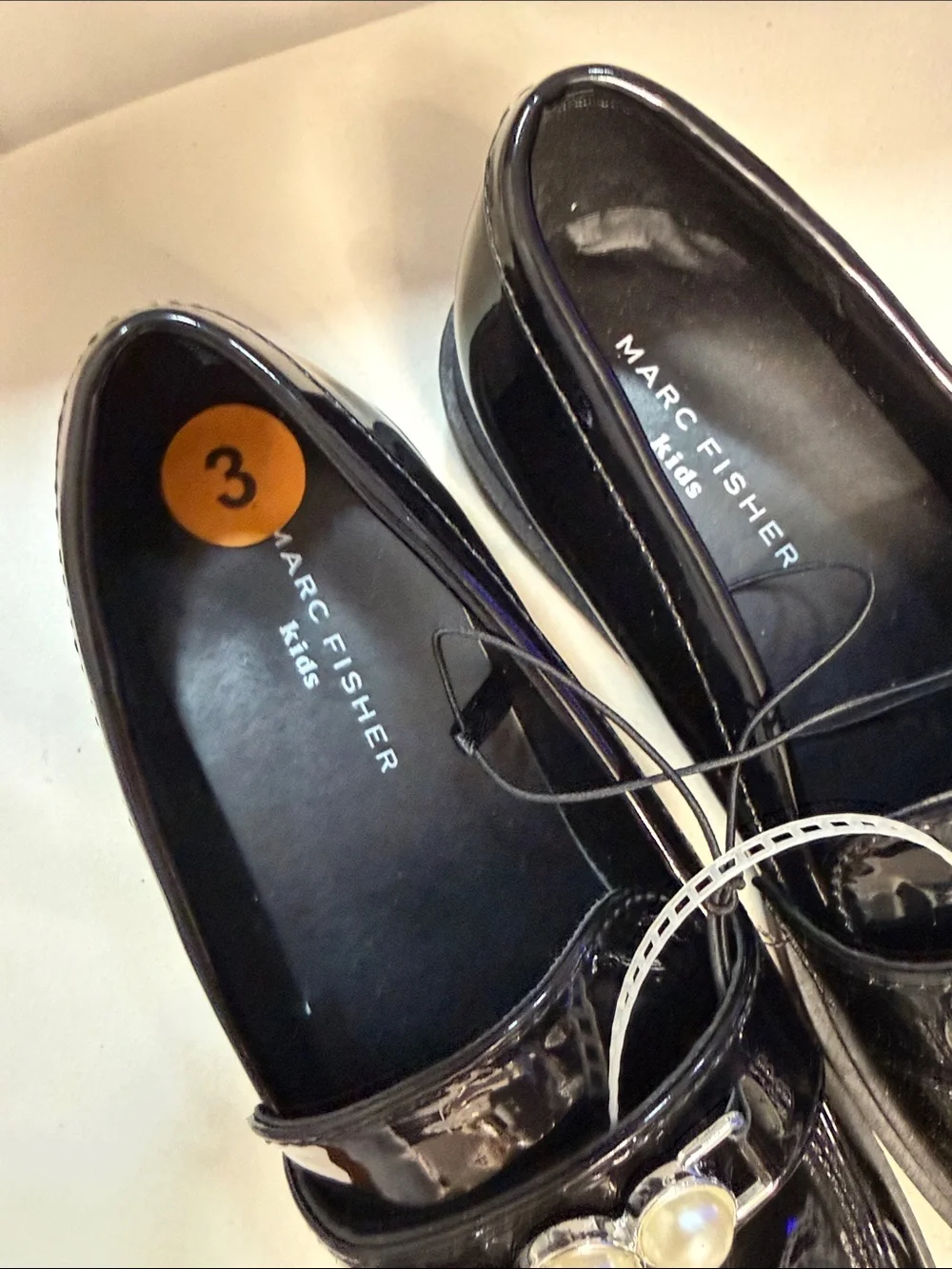 Marc Fisher Black Patent Loafers with Pearl Accent
